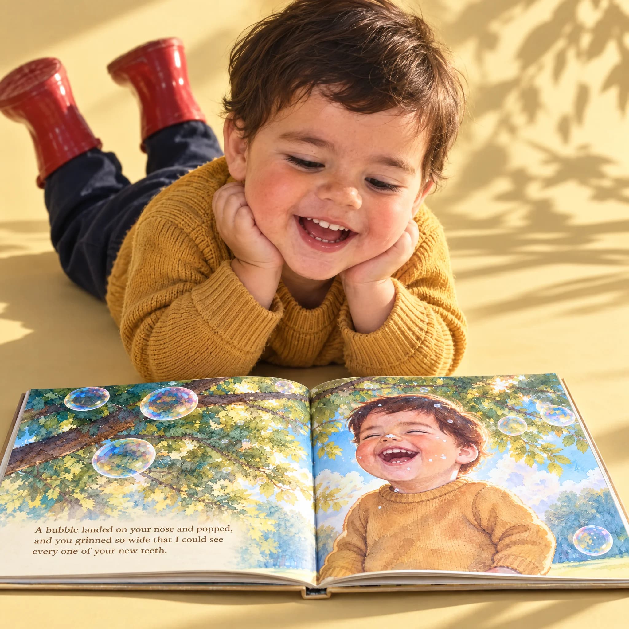 A boy smiling with his book open in front of him
