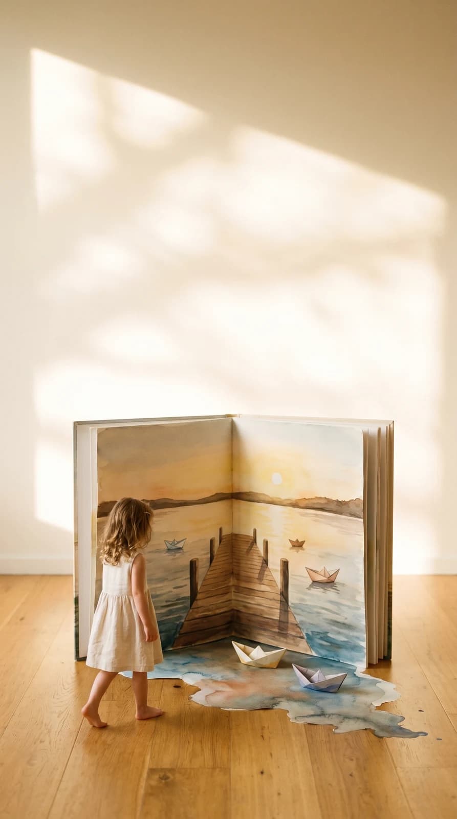 A small child standing in a sunlit room, looking into a giant open hardcover storybook showing a watercolour lake at sunset with paper boats spilling onto the floor