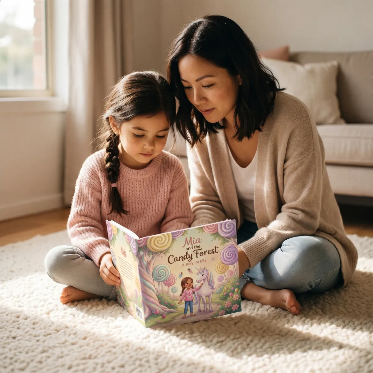 A mum and her daughter reading their personalised storybook together at home