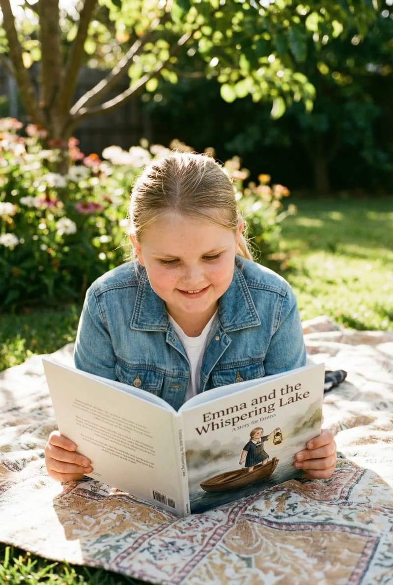 Emma reading her personalised watercolour storybook in the garden