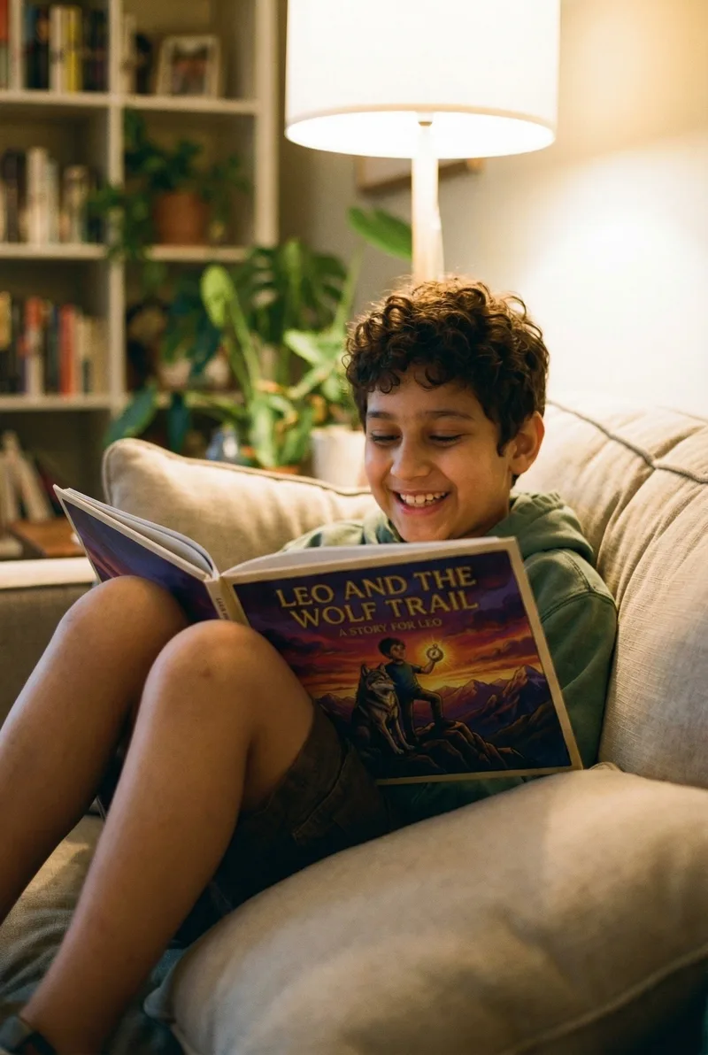 Leo reading his Disney storybook on the couch